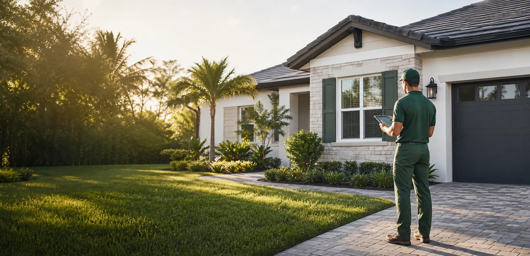 Property maintenance professional documenting exterior upkeep at a well-maintained Florida home